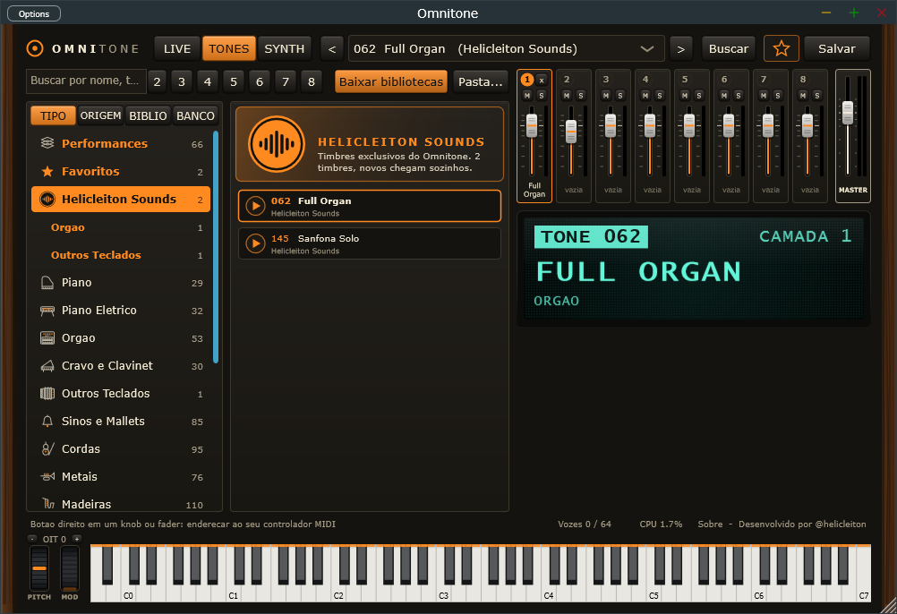 Tela TONES do Omnitone: biblioteca Helicleiton Sounds em destaque, categorias com icones, mesa de 8 camadas e visor de teclado antigo